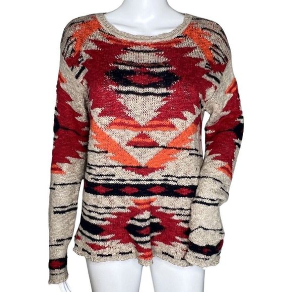 Triple Five Soul Sweater‎ Womens Extra Small Tan Red Southwestern Aztec Colorful - Picture 1 of 9